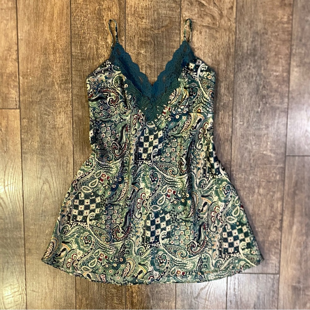 vintage victoria’s secret 1996 paisley satin & lace slip dress in emerald green
